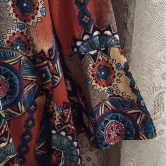 WinWin Size L XL Bell sleeve orange blue Geometric Boho‎ tunic v neck pullover - Picture 2 of 8